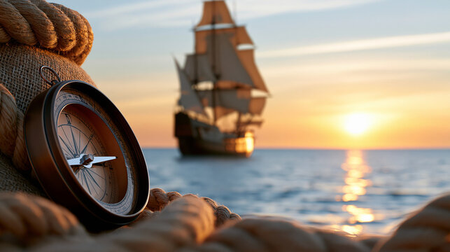 Sophisticated Columbus Day celebration background with a historic sailing ship crossing a calm ocean at sunset, antique compass and rope details subtly framing the foreground,