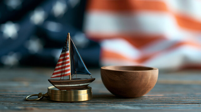 Premium Columbus Day holiday banner featuring a wooden ship model, brass compass and softly blurred patriotic fabric in the background, shallow depth of field, luxury nautical