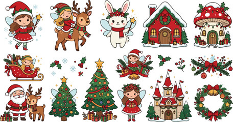 Fototapeta premium A collection of cute christmas themed stickers featuring santa claus reindeer elves and festive decorations on a white background