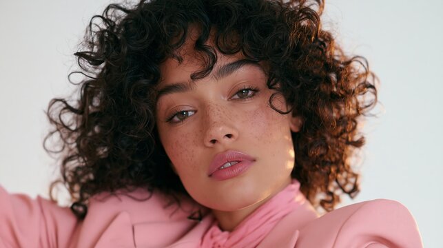 Close up portrait of a young woman with curly dark hair and freckles wearing a pink jacket against a plain white background.