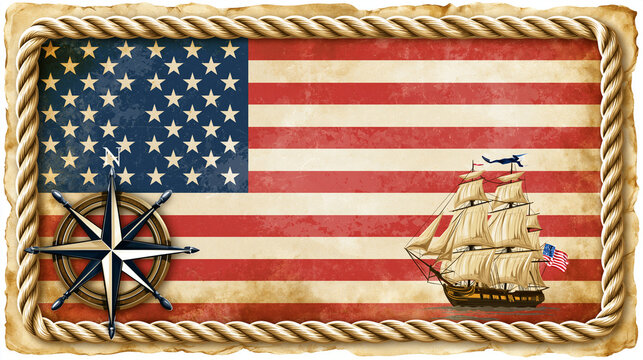 Vintage patriotic banner with weathered paper, nautical rope border, compass rose and historic sailing ship, Columbus Day, American heritage, maritime celebration, retro graphic