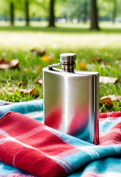 Alcoholism and addiction recovery, metal hip flask on a picnic blanket in a park social drinking habits and personal lifestyle choices