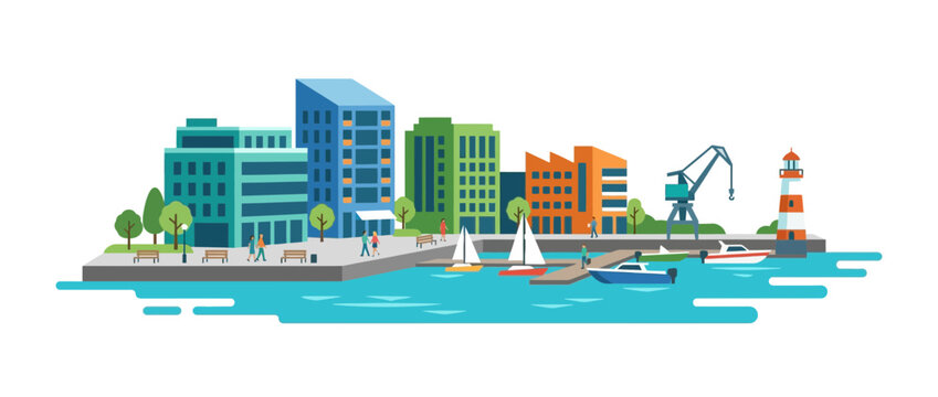 Modern Waterfront Cityscape with Buildings, Boats and Lighthouse