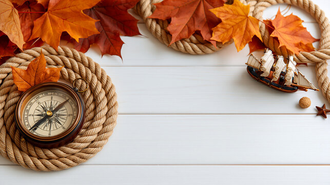 Seasonal Columbus Day sale concept with autumn leaves, nautical rope, compass and miniature sailing ship arranged around an empty central area, retail promotion, holiday