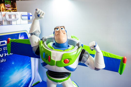 Bangkok, Thailand - September 4, 2025 : Toy Story movie backdrop display with Buzz Lightyear, a famous character in movie theatre.
