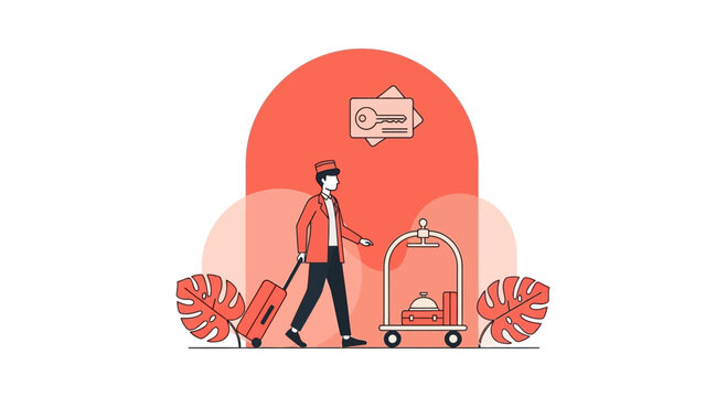 Bellboy with Luggage Trolley and Key Icon, Hotel Service Concept