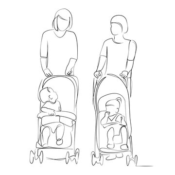 One continuous line drawing on white isolated background. Minimalism linear illustration. mother, pushchair, children, person, parenthood, baby, woman, infant, family, park