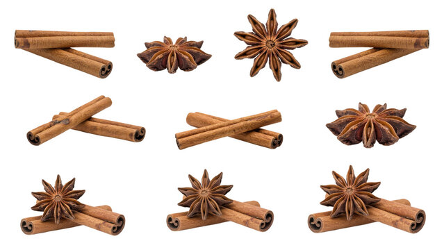 Collection of dried cinnamon sticks and star anise spice pods arranged in various groups isolated on a transparent background