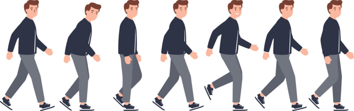 Male walking character animation loop sprite sheet sequence showing side profile view steps vector illustration