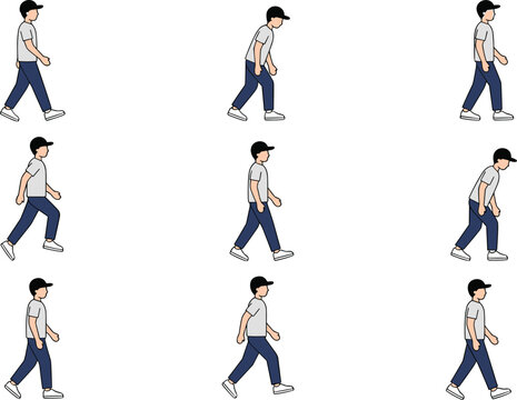 Man walking character animation loop sprite sheet sequence showing profile view steps poses vector illustration