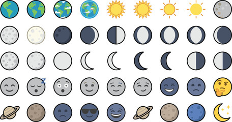 Astronomy space vector icon set featuring earth moon phases sun solar system planet and emoji face symbols © MdNipon