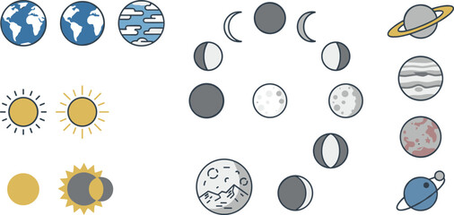 Space astronomy vector icon set featuring earth sun solar system planets and full moon phase cycle symbols © MdNipon