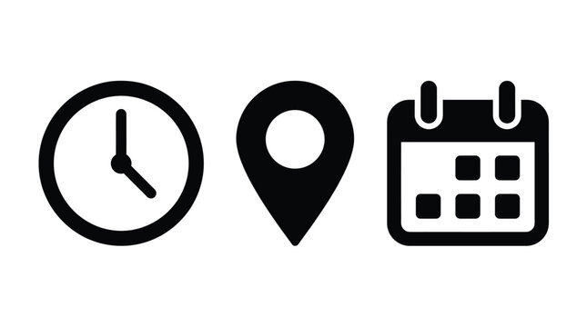Time, location and calendar icon set illustration. Minimalist black symbols representing clock, map pin, date, schedule, appointment, navigation, and event planning.