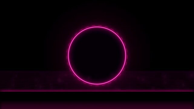 Neon oval ring pulsates and shrinks against a dark reflective surface pulsating shrinking glowing luminescent vibrant geometric