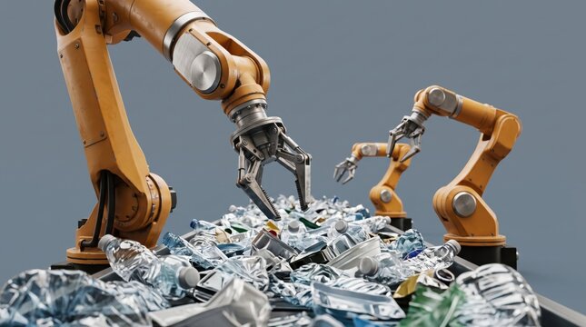 Industrial robots sorting recyclable materials in a factory