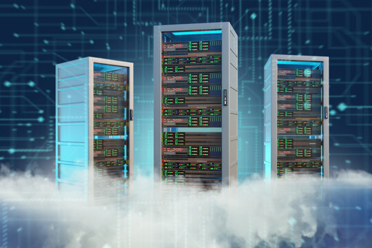 AI data storage, remote servers. Server racks store information and distribute digital data through artificial intelligence in cloud infrastructure. 3D image