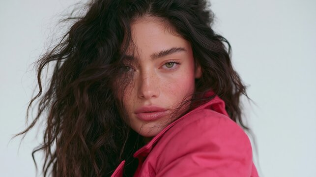 Close up portrait of a young woman with messy dark hair and blue eyes wearing a bright pink jacket against a plain white background.