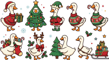 Obraz premium Set of cute hand drawn geese characters celebrating christmas with gifts trees and festive clothing for seasonal holiday design projects