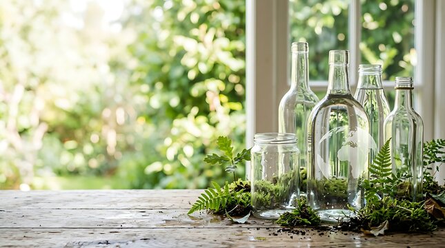 Sustainable glass bottles with earth globe for America Recycles Day
