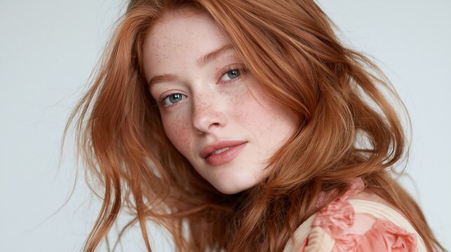 Close up portrait of a young woman with red hair and freckles looking at camera against plain light background