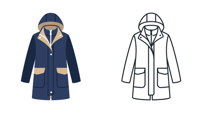 Blue winter parka with tan accents and hood in flat design vector illustration