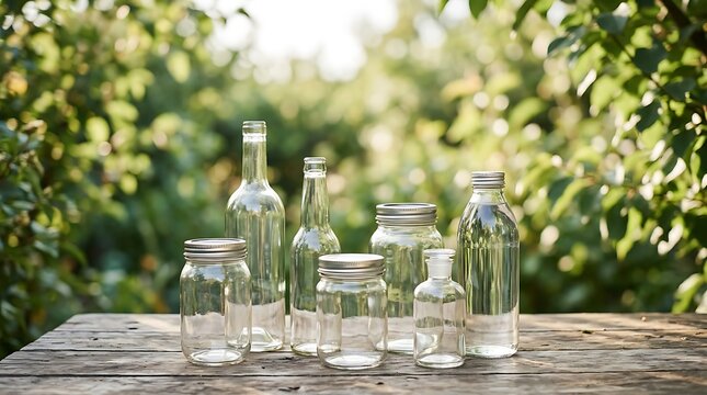 Assorted Glass Bottles and Jars for Recycling on Wooden Table