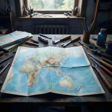 Global exploration and travel planning, vintage world map on a rustic wooden workbench with antique metal tools for navigation and adventure preparation