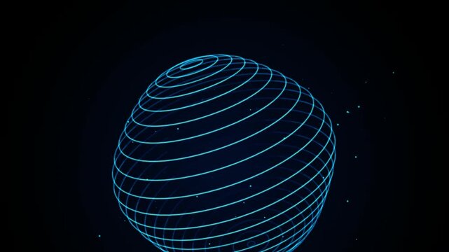 Glowing Blue Geometric Sphere Motion Graphics Background with Rotating Light Rings and Dark Space