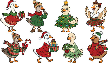 Fototapeta premium Set of cute hand drawn geese wearing festive christmas sweaters hats and scarves holding gifts isolated on white background