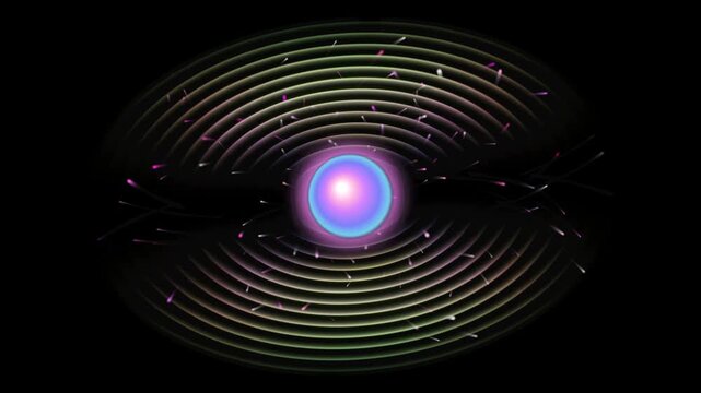 Glowing futuristic eye with concentric sound waves and particles on black background motion graphic