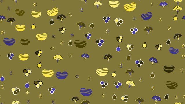 Stylized pattern of leaves, fruits, and abstract shapes