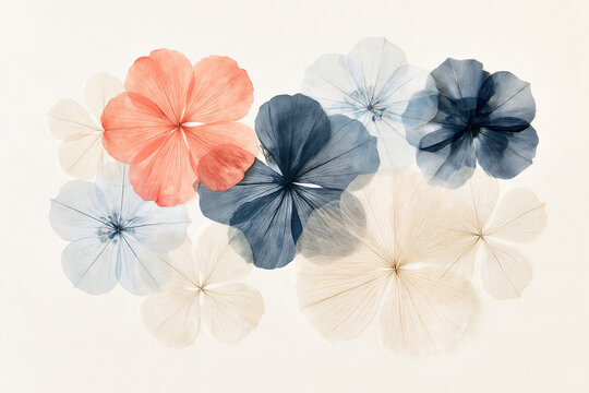 Minimalist Flat Lay Of Delicate Translucent Pressed Flowers On Pale Background