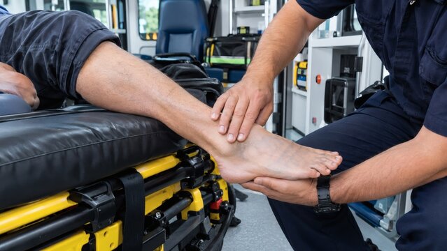 Emergency medical technician checking the foot of a patient on a stretcher