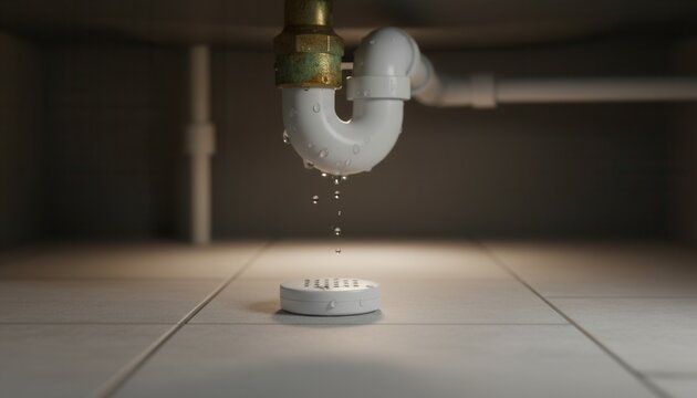 Object first close up photograph of a residential water leak detector sensor placed on a tiled floor beneath a kitchen sink plumbing trap