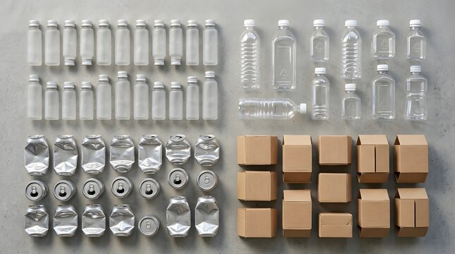 Flat lay of organized plastic, aluminum, and cardboard recyclables on concrete for sustainability concepts.