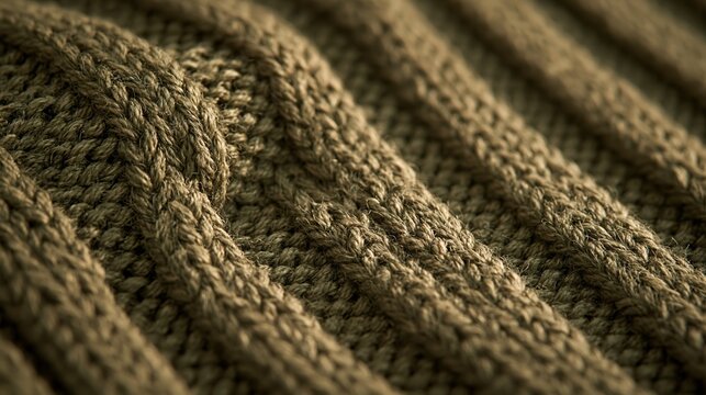 Close up of thick brown knitted fabric showing detailed cable knit texture and weave pattern in soft lighting