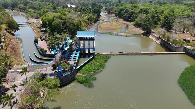 Aerial view of the low water levels at Karang Intan Dam during the dry season in Indonesia