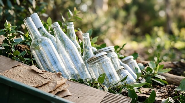 Glass bottles and jars in recycling bin for America Recycles Day