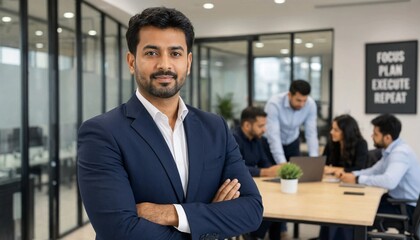 Fototapeta premium Smiling businessman in suit with arms crossed in modern office with team
