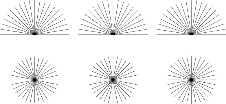 Minimalist set of black radiating line sunburst and half circle fan icons symmetrically arranged on a white background.