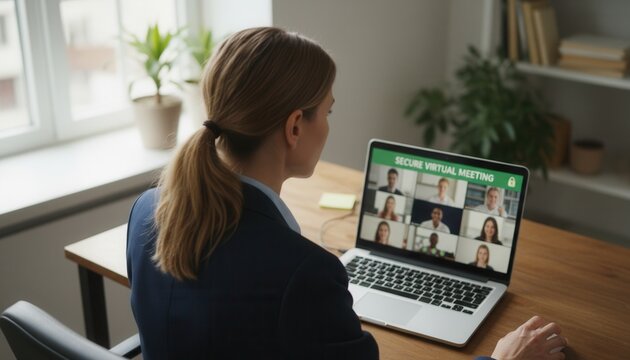 Remote worker participating in a secure virtual video conference meeting on a laptop computer in a sunlit home office environment