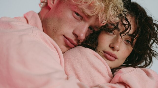 Close up of a young couple cuddling together in soft pink hoodies against a light background.