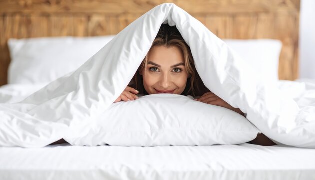 Young woman smiling hiding under white fluffy duvet in morning sunlight at home in comfortable bedroom setting close up shot
