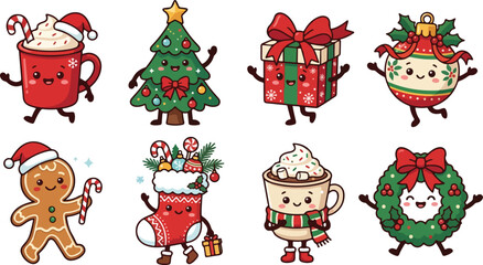 Naklejka premium Set of cute hand drawn christmas characters including gingerbread man tree gift ornament stocking and hot cocoa mugs isolated