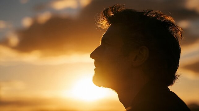 Silhouette profile of a thoughtful man looking at the sunset.
