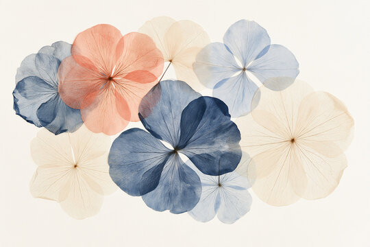 Minimalist Flat Lay Of Delicate Translucent Pressed Flowers On Pale Background