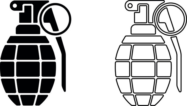 Professional hand grenade vector icons in solid and outline styles isolated on white representing military combat danger.