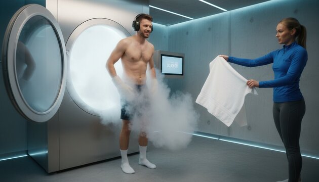 Young man stepping out of a whole body cryotherapy chamber while a recovery specialist holding a towel monitors the session