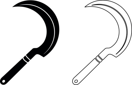 Two minimalist vector sickle icons showing solid and outline styles for harvesting tools isolated on a white backdrop.