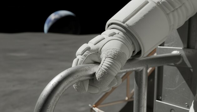 Astronaut composite glove gripping textured metal handrail on lunar surface module exterior with dust particles